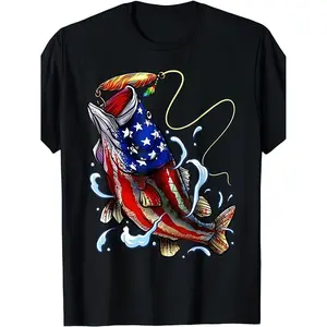 Patriotic MenS Fishing TShirt Featuring American Flag Design Jumping Fish and Fishing Rods Ideal for July Fourth FatherS Day and Outdoor Adventures