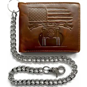 Patriotic Biker Wallet with Chain for Men - Distressed Brown Leather Wallet w/ 10 Card Slots -  Leather  wallet - Mens Chain Wallet.  wallet for Biker