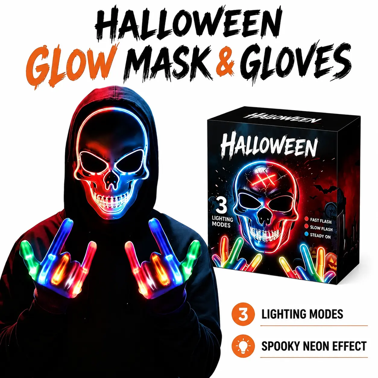 Halloween LED glowing mask, scary skull hacker luminous mask with free gloves set, party and festival decoration costume mask, multiple light colors can change, great Halloween gift for Halloween and horror-themed parties