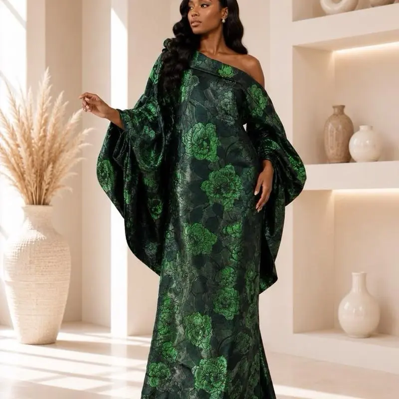 Women's Modest Islamic Alaoma Monostrap Mikado Boubou Kaftan - Green Brocade Maxi Dress, Off-Shoulder, Colorful Long Printed Design, Fits Weddings & Special Occasions, Elegant Floral Printed Clothes