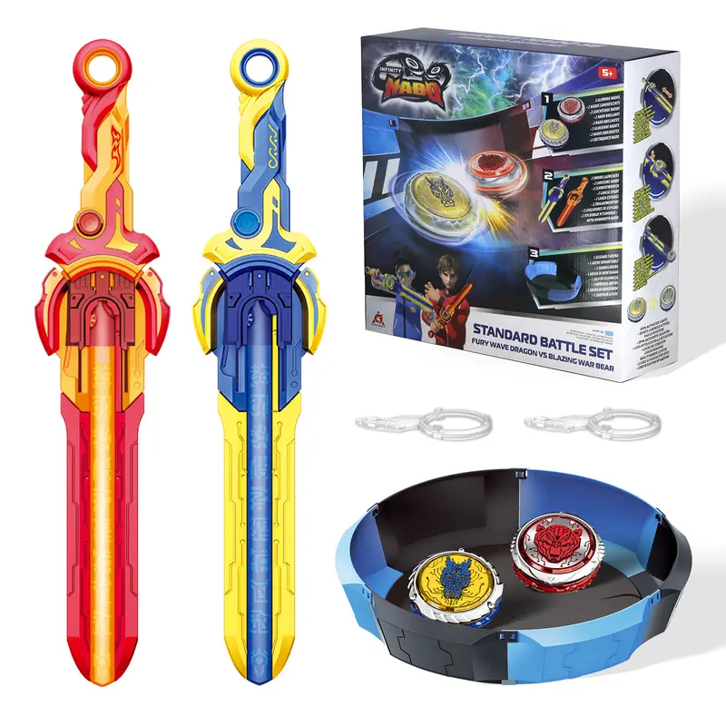 ALPHA GROUP Infinity Nado Stadium Battling Tops Burst Set - Durable Metal & ABS Plastic, Ages 8+, 2 Gaming Top Toys, 2 Sword Launchers, Pull-to-Spin Boost, Sapphire Blue & Flame Red Anime Design, Skill-Building Handheld, Birthday/Halloween Gift