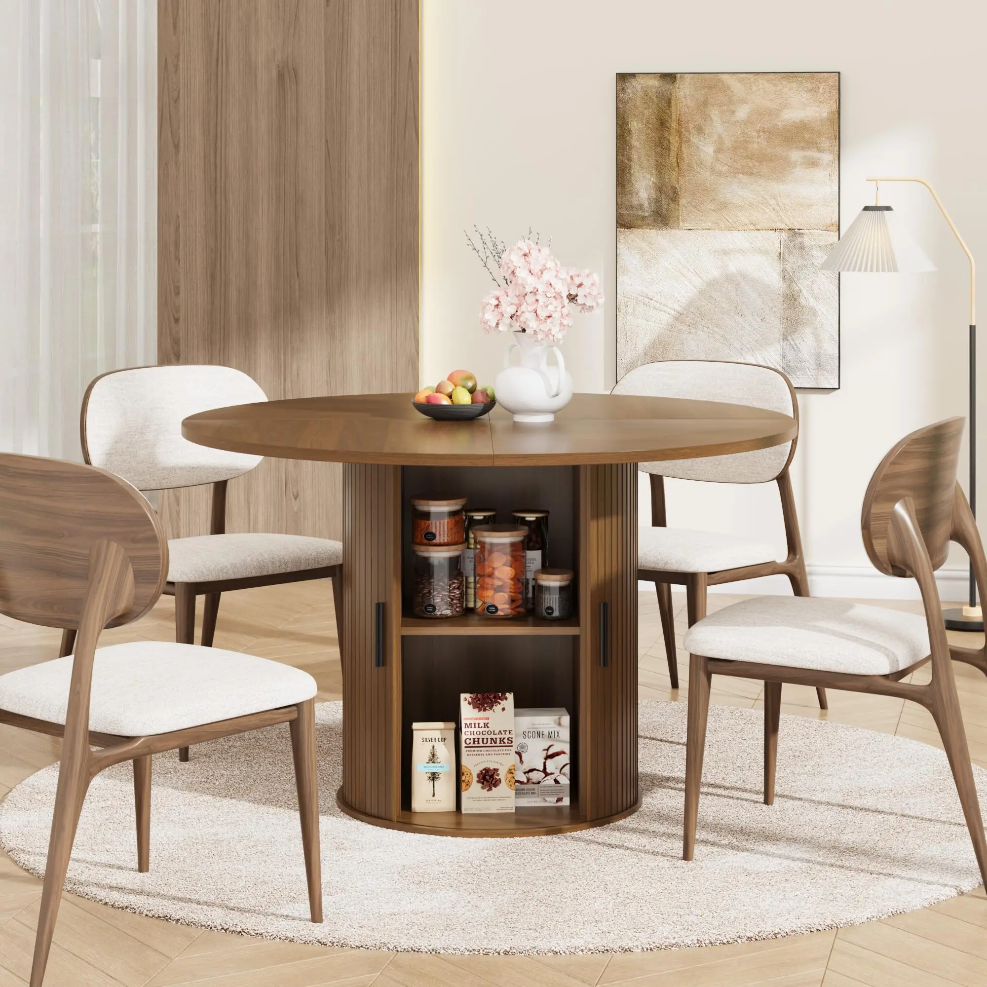 Garvee 47'' Round Dining Table with Hidden Storage for 4, Kitchen Dining Room Circle Dinner Pedestal Table with Slide Door Shelf, Space Saving Wood Furniture for Small Spaces, Dining Room, Walnut