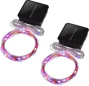 Mini Short Solar String Lights Red White and Blue Patriotic String Lights, 16.5ft Long 50 LED Small Outdoor Fairy Lights for Independence Day, 2 Pack