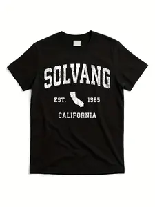 Men's & Women's Solvang California Vintage T-Shirt - 180g Heavyweight 100% Cotton Relaxed Fit, Black with White Solvang California Print & Danish Village Logo-Like State Outline Design, Casual & Extra Long PlusSize, PLUS SIZE