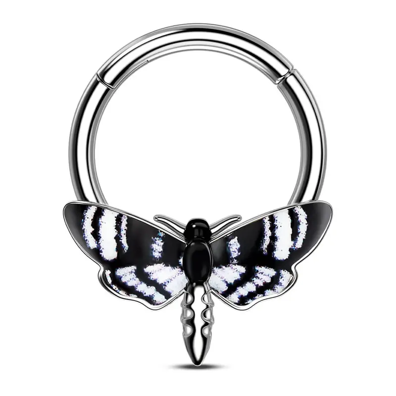Oufer 16G 316L Stainless Steel Unisex Elegant Hawk Moth Wings Pattern Hinged Clicker Septum Ring - 10mm Nose Rings Hoops, Everyday Piercings Jewelry for Animals-Themed Body Accessory Daily Wear