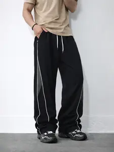 Men Wide Leg Track Pants Contrast Piping Drawstring Relaxed Stacked Hem Side Panel Streetwear Trousers for Festival Outfits Concert Nights Draft Watch Parties Spring Travel Everyday Sneaker Styling Navy Black Charcoal