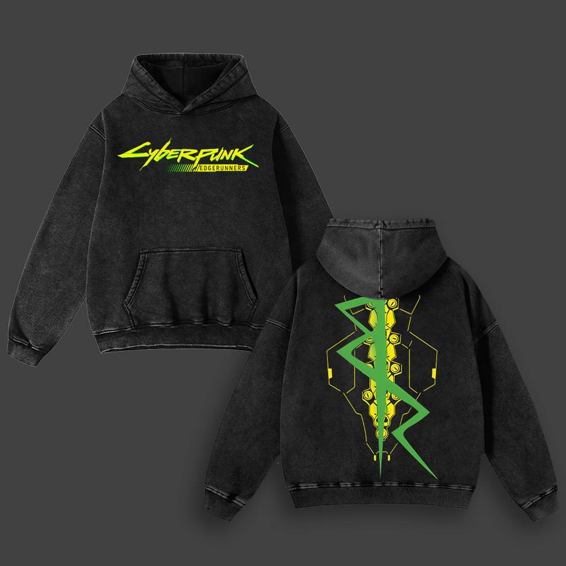 Cyberpunk Sandevistan Netrunner Hoodie, Spinal Tattoo EdgeRunners Unisex Tee Washed Heavyweight Cotton, Gamer Cyberpunk 2077 Streetwear.