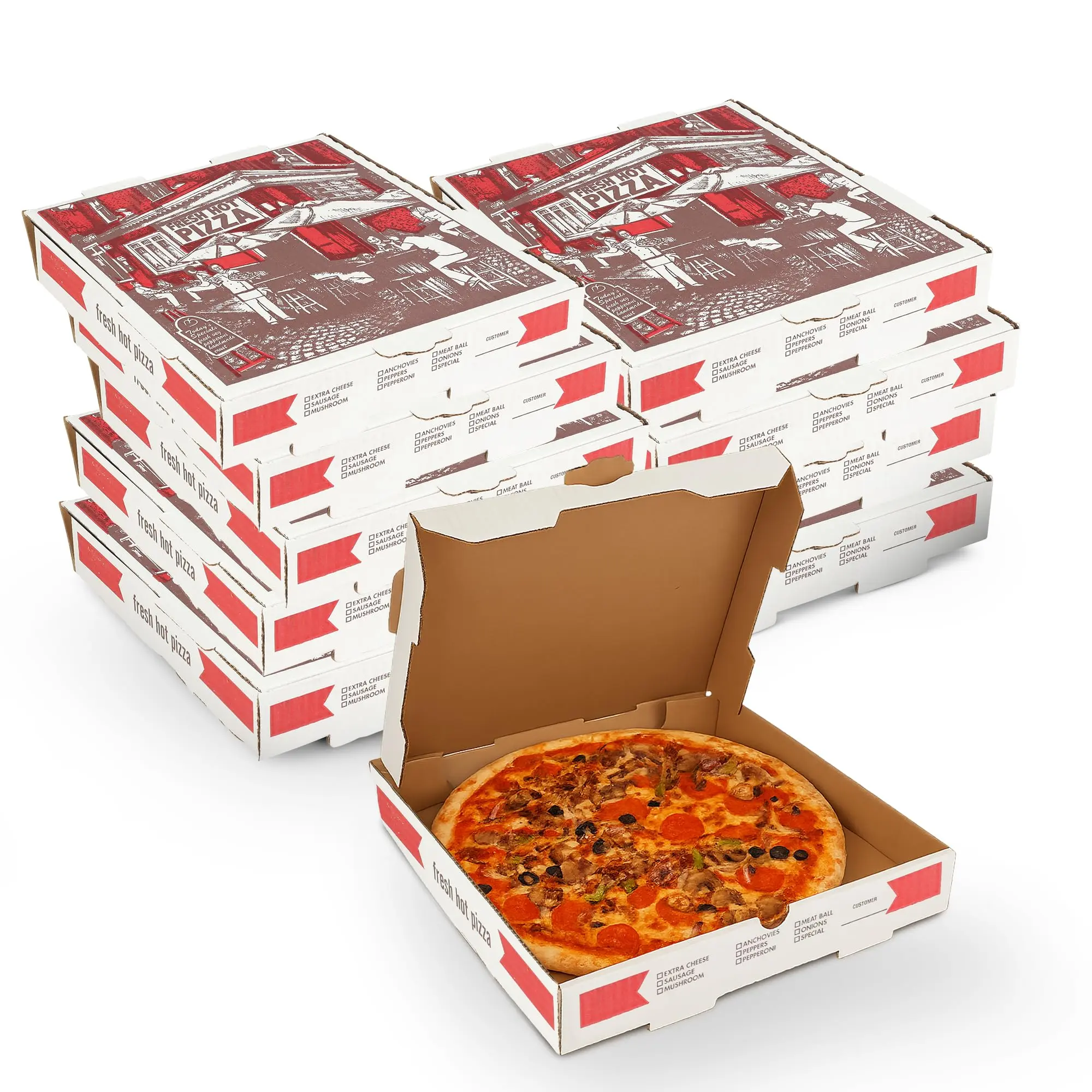 MT Products Sturdy Kitchen White-Red Corrugated B-Flute Cardboard Pizza Boxes - Empty, Made in the USA