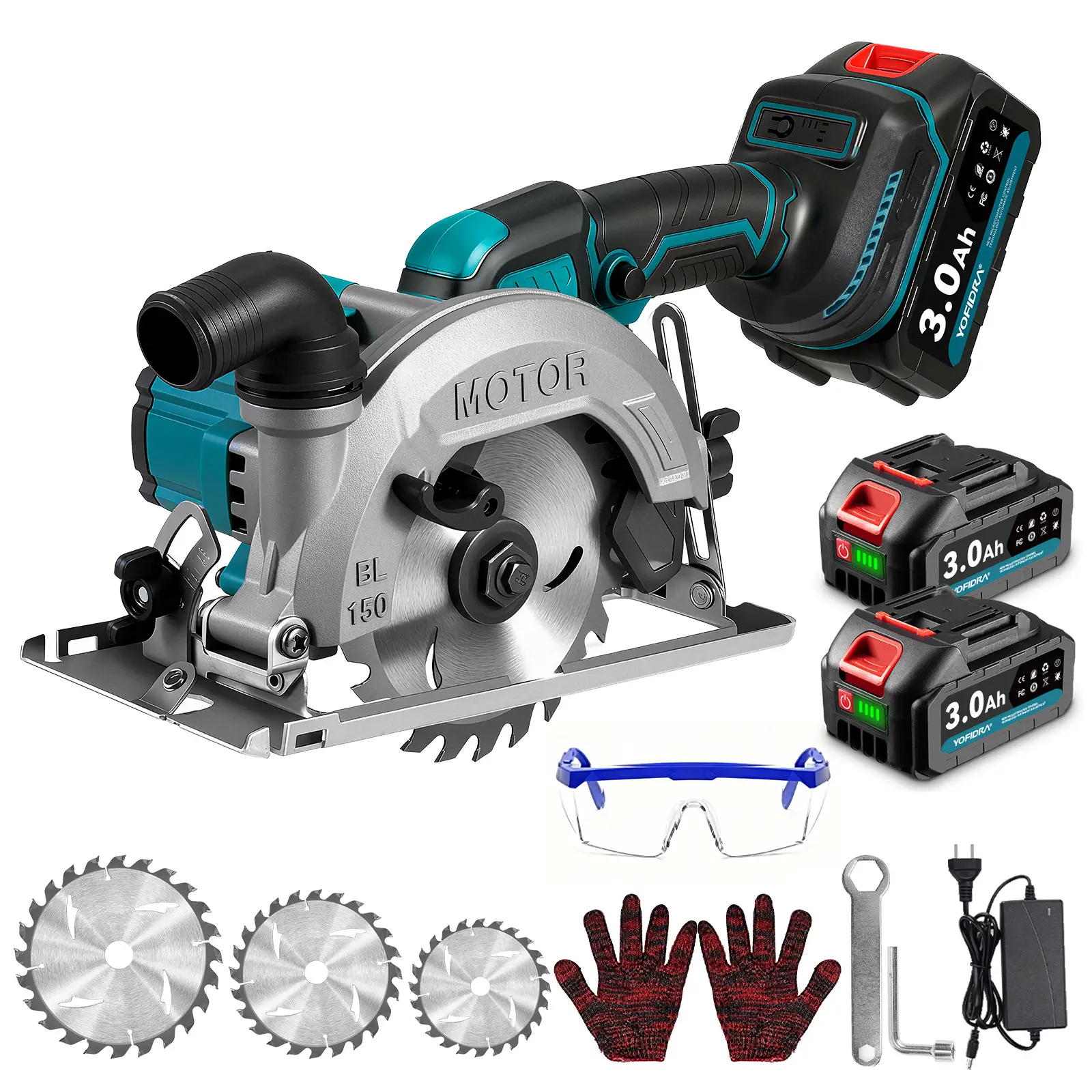 YOFIDRA Cordless Handheld Circular Saw, Brushless Mini Circular Saw with 2 3000 mAh Batteries, 7000 RPM Plunge Circular Saw Cutting Depth 48 mm, 0-45°
