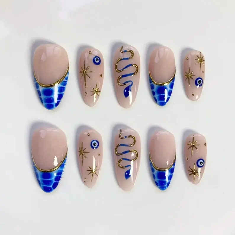 Evil Eye Blue snake nails/press on nails long almond nails/Blue croc nails/ Star Nails/Gold chrome nails/French nail/Party nail/Gothic nails