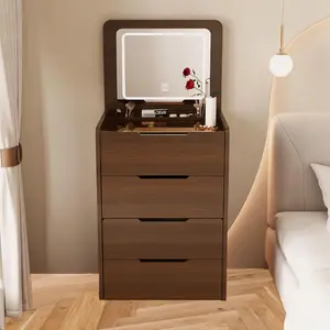 3 in 1 Vanity Desk with Plip Top Mirror, Small Make Up Vanity with Mirror and Lights, Visible Glass Desktop, Compact Makeup Dressing Table with 3 Drawers for Bedroom, Walnut