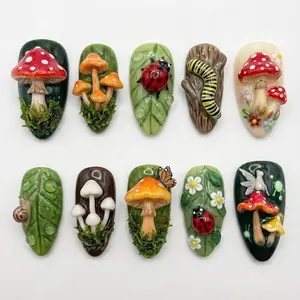 3D Mushroom Press On Nails Nature Cottage Forest Fairy Ladybug Snail Moss Summer Vibe