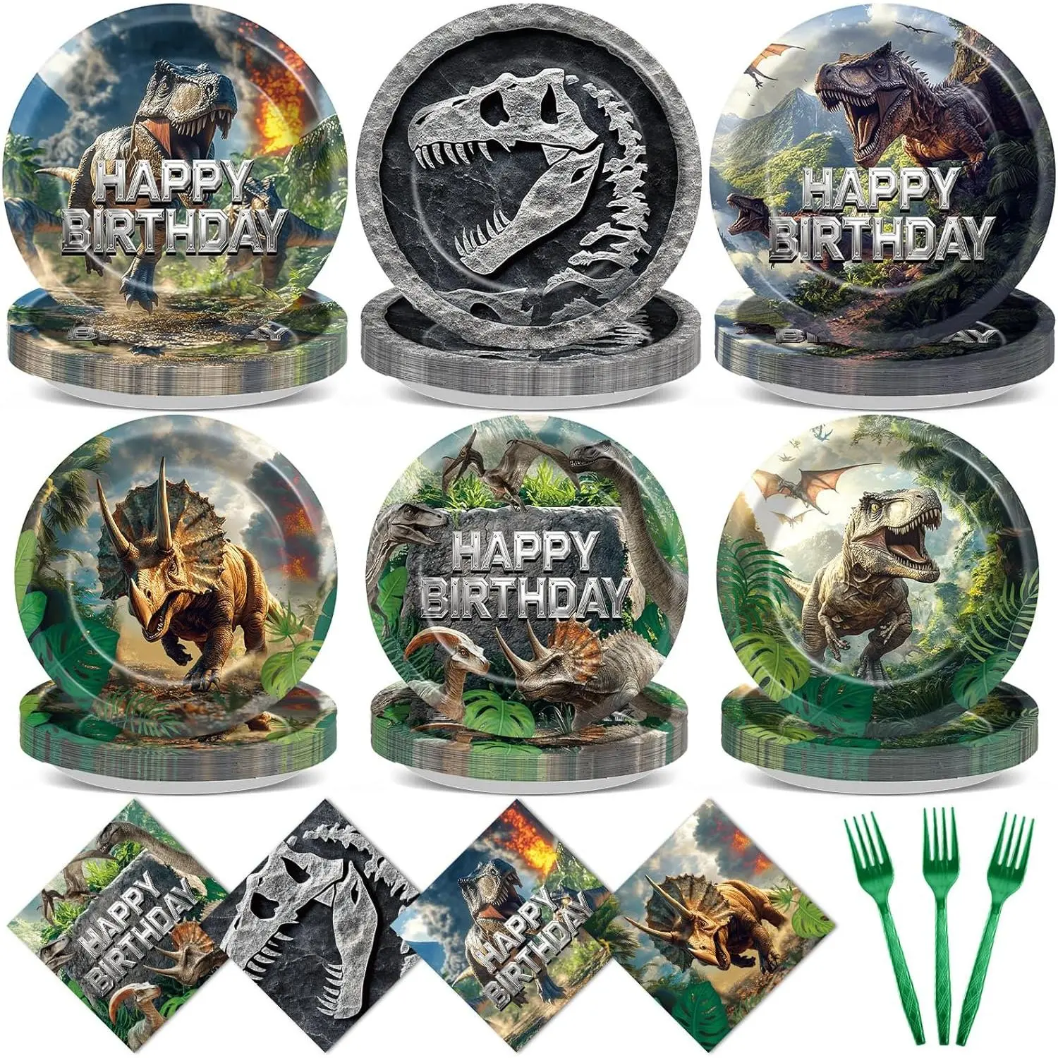 96 count Dinosaur Birthday  Supplies Dino Disposable Theme Park Paper Plates and Napkins Dinosaur World Tableware  Decors for  Boys Birthday Dino Themed Dinnerware Favors for 24 Guest