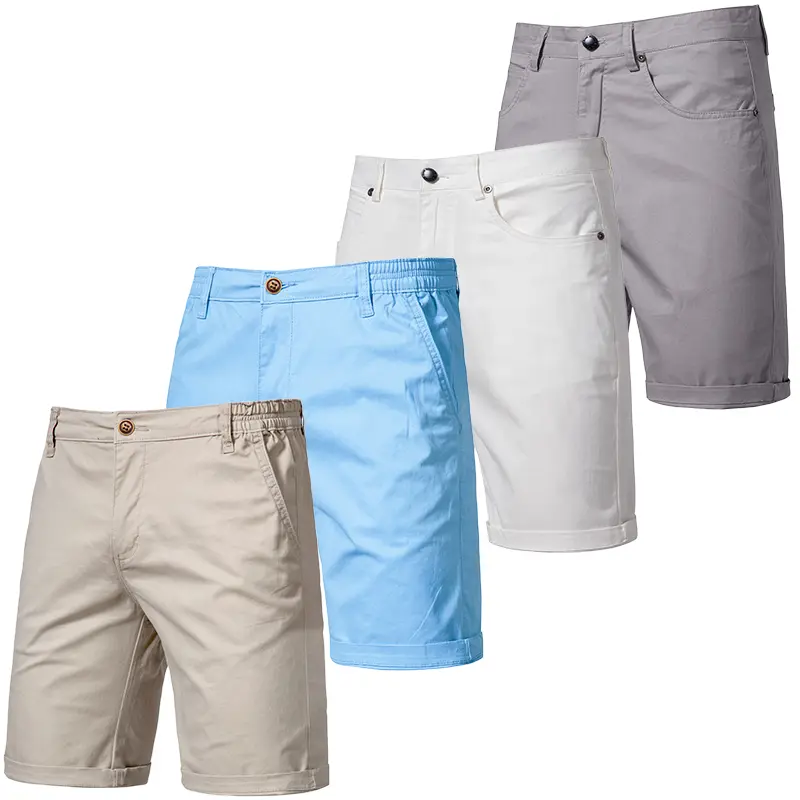 Men's Casual Solid Chino Shorts, Knee-Length Slim-Straight Fit with a Partial Elastic Waist and Cuffed Hem for Summer, Menswear