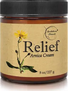 Brookethorne Naturals Relief Arnica Cream with Lemongrass, Eucalyptus & Rosemary oils. All-natural lotion for sore muscles, stiffness, and massage.