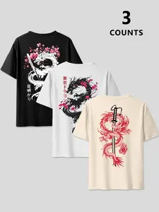 Men's Summer Casual T-Shirt Set, Ink Dragon Print Design, Japanese Ukiyo-E Modern Street Style, Y2K Vintage Daily Wear