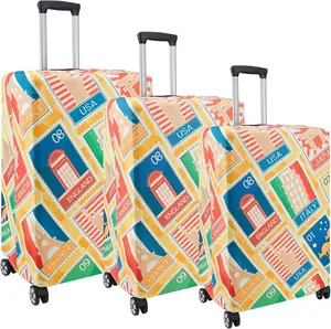 3 Pieces Luggage Covers For Suitcase Tsa Approved, 20" 24" 28" Elastic Suitcase Cover Protector, Anti-Scratch Travel Suitcase Cover Fits 19-28 Inch Luggage (Retro Stamps, S/M/L)