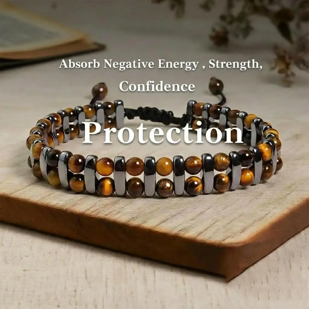 Natural Tiger's Eye & Hematite Gemstone Protection Bracelet Adjustable Size 7-8 Inches - Elegant Boho Style