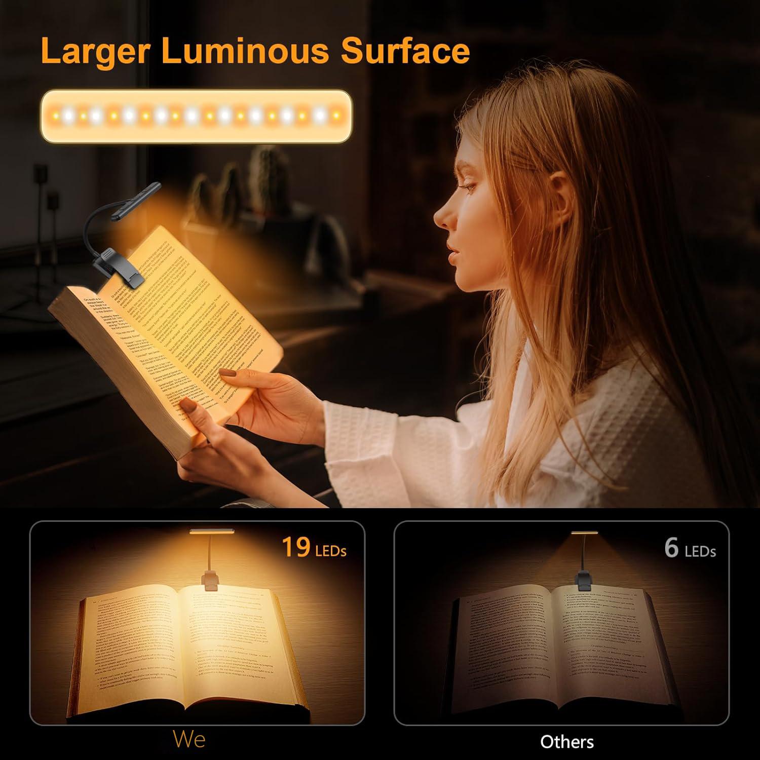 24 LED Book Light for Reading in Bed, Rechargeable Clip On Reading Light with Memory Function, 3 Color Temperatures Eye Caring, Stepless Dimming Brightness, 80 Hrs Runtime Lightweight Book Light for Book Lovers