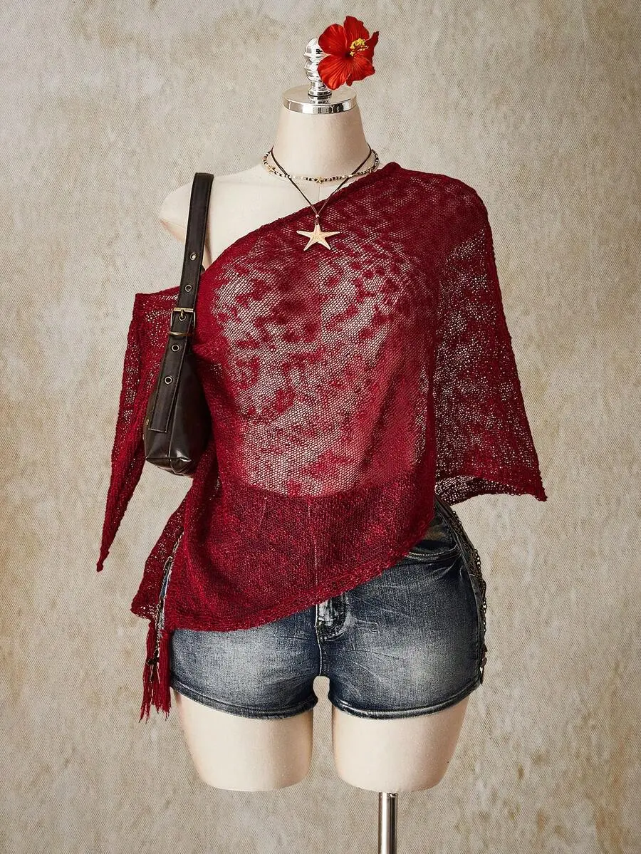 Meghana Plus Size Music Festival Tassel Decoration Red Knitted Cover-Up Top