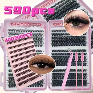 590pcs DIY Cluster Eyelashes Kit, Mixed D Curl False Eyelashes, Soft Wispy Extensions with Tweezers & Brushes, Natural Volume Makeup