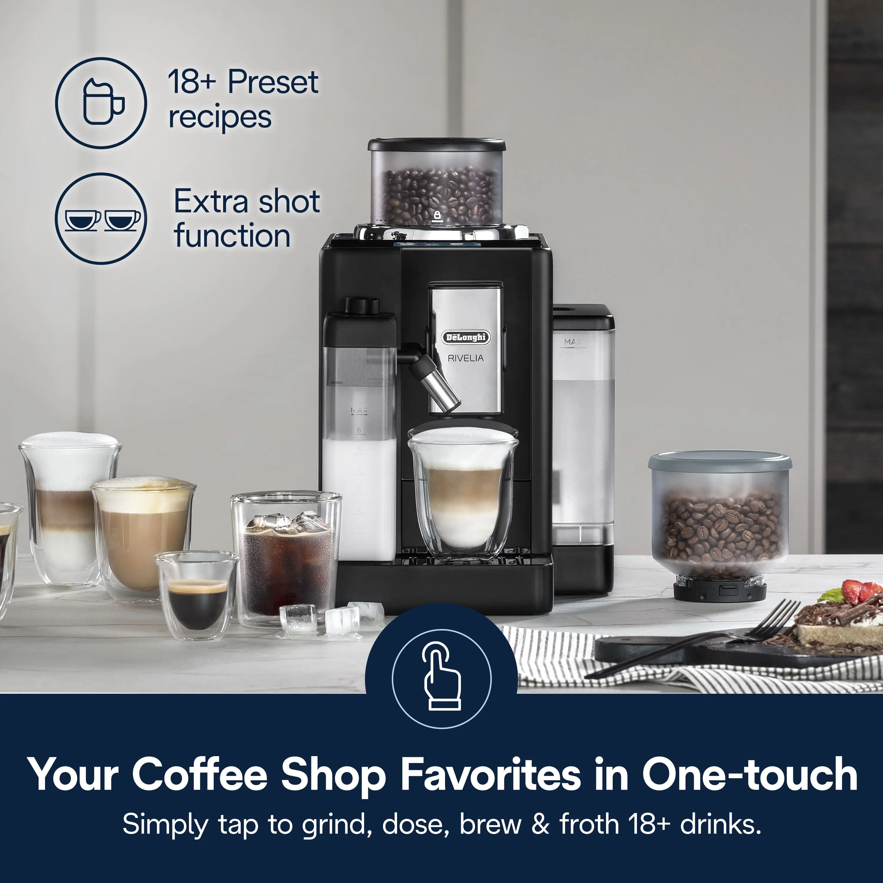 Rivelia Fully Automatic Espresso Machine, Integrated Grinder, 2 Removable Bean Hoppers, Automatic Milk Frother
