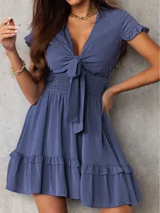Deep V Neck Self-tie Knotted Front Layered Flare Mini Dress.