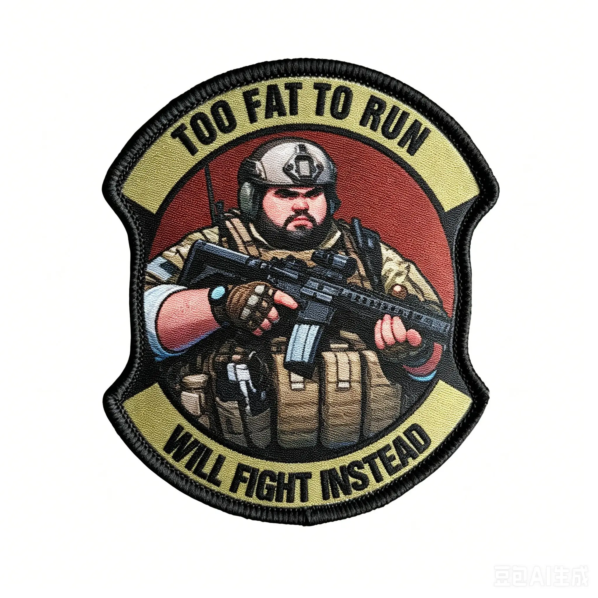 'Too Fat to Run' Velcro Patch, Tactical Emblem for Outdoor Gear, High-Definition Print, Morale Patch, Motivational Patch, Tactical Equipment Decoration, Fight Instead