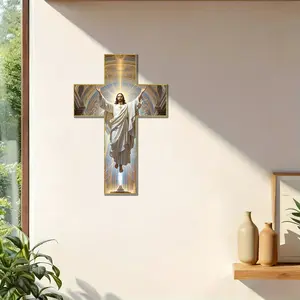 Jesus Resurrection Wooden Cross Wall Hanging | Easter Themed Religious Decor with Gold Accents | Artistic Wooden Cross for Easter Home Decoration | Meaningful Easter Gift for Believers | Symbolic Decoration
