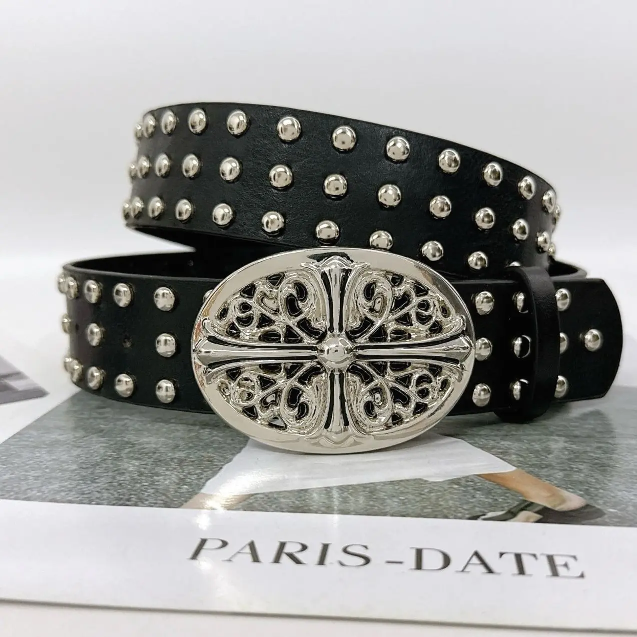 Black Studded Leather Belt Silver Cross Buckle Gothic Punk Rock Waist Belt Unisex Alternative Streetwear Fashion Accessory