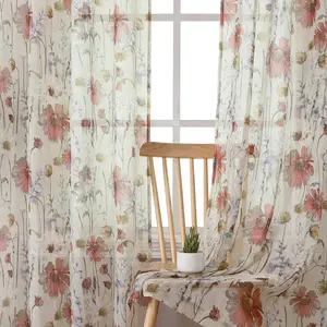Crushed Sheer Curtains 84 Inch Length 2 Panels Set, Sheer Floral Curtains Printed Drapes on Sheers for Living Room, Rod Pocket Light Filtering Window Sheers (2 Panels, 42" x 84")