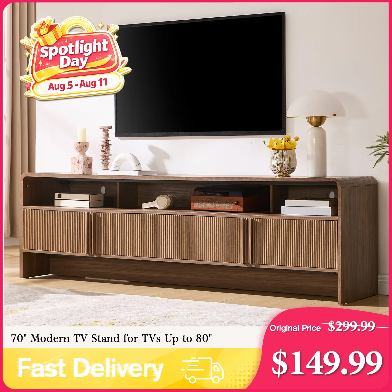 AMERLIFE 70" Modern TV Stand for TVs Up to 80", Wood TV Console with Curved Profile Design & 2 Storage Cabinets, Media Console Entertainment Center for Living Room, Bedroom/Best Gift Ideas/Christmas Gifts[tiktokshopbacktoschool][SohoChic]