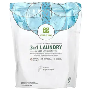 Grab Green 3-in-1 Laundry Detergent Pods, Fragrance Free, 60 Loads, 2 lb 2 oz, (960 g)