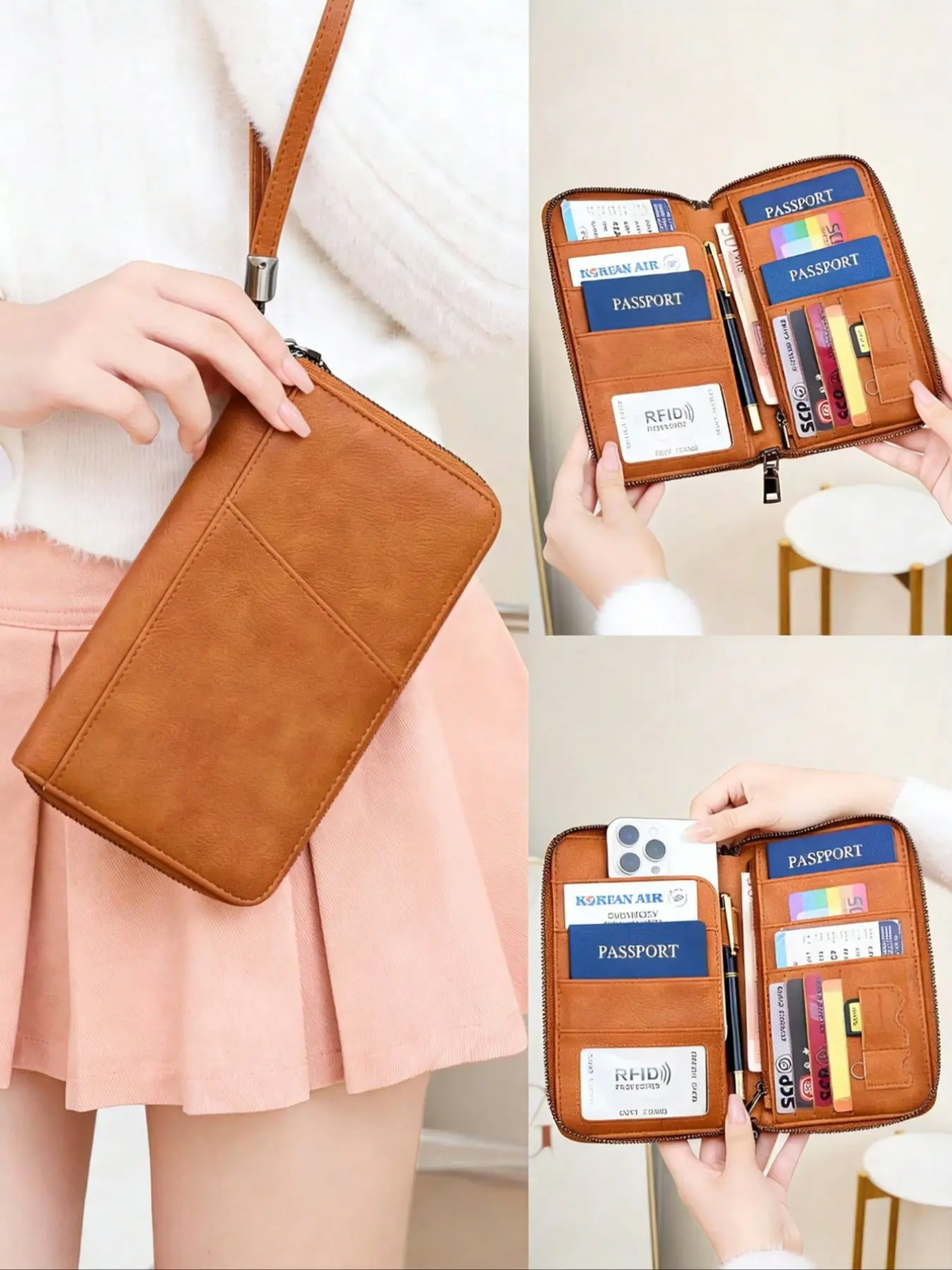 Novel Rfid Anti-Magnetic Wallet Zipper Passport Bag Certificate Holder Ticket Storage Bag Travel Document Holder Multi-Functional Large Capacity Travel Purse Travel Accessories Passport Cover Travel Essentials Passport Holders