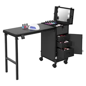 Explorinox Rolling Manicure Table with 3 Drawers, Portable Makeup Train Case with Mirror and Nail Polish Organizer, Foldable Nail Art Desk for Mobile Nail Technician Salon Use