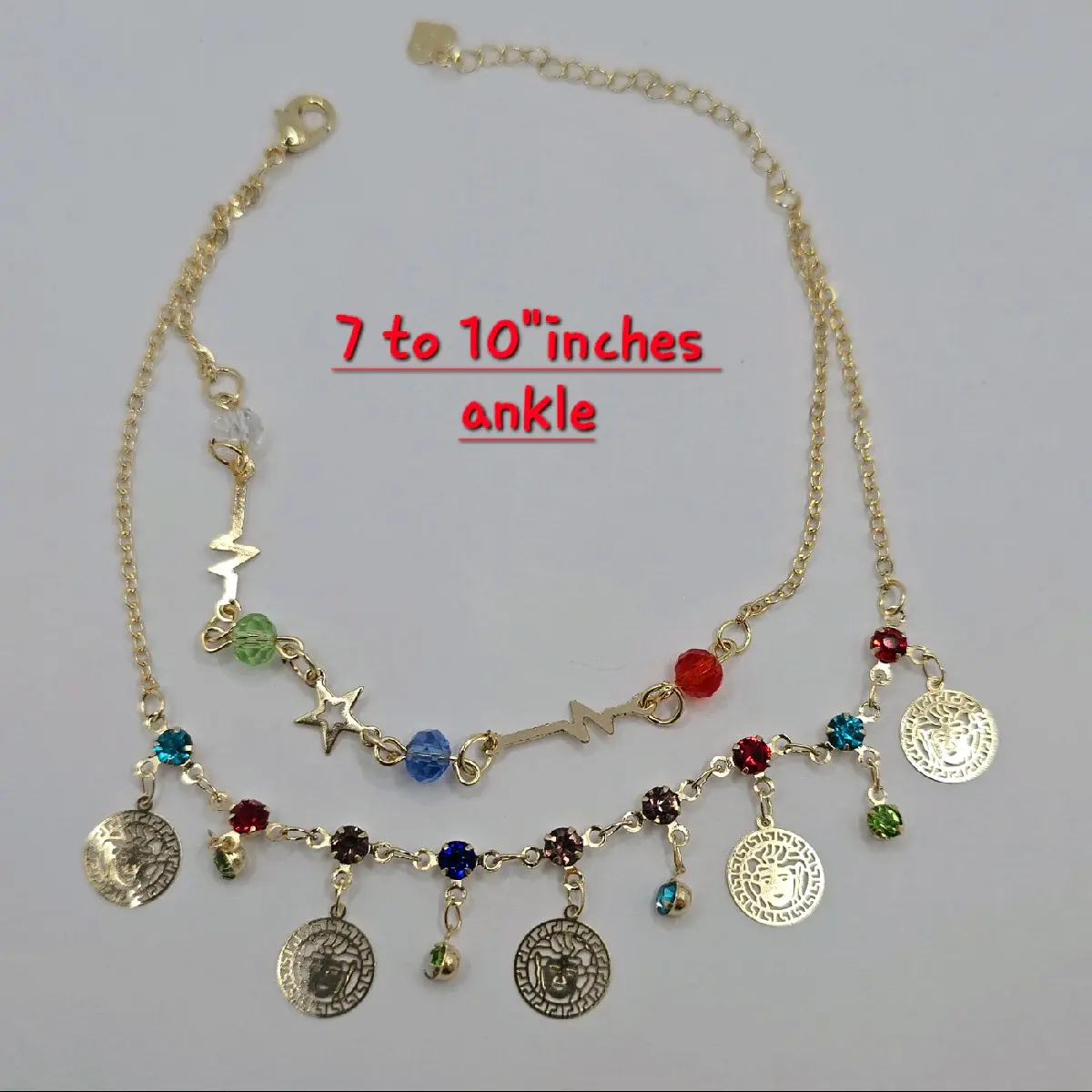 ANKLE BRACELET with colors stones fashion design double layers gold-plated  7 to 10"inches