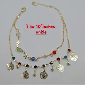 ANKLE BRACELET with colors stones fashion design double layers gold-plated  7 to 10"inches