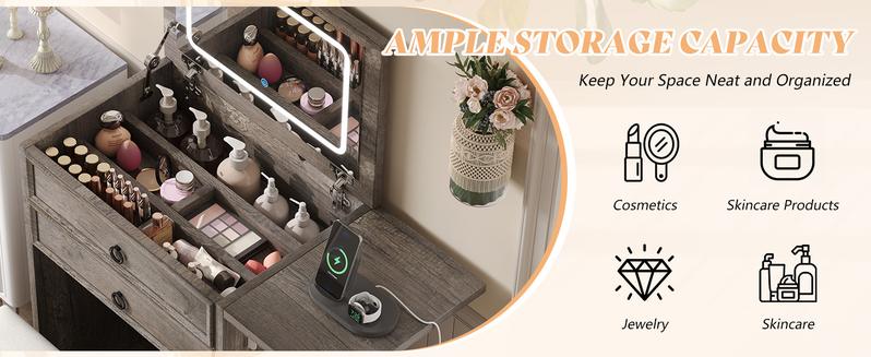 AMERLIFE 3-in-1 Makeup Vanity with Sliding Stool, Fold-up Panel, Divided Storage & Power Port, Farmhouse Makeup Table with Adjustable LED Light, for Small Space/Best Gift Ideas/Christmas Gifts