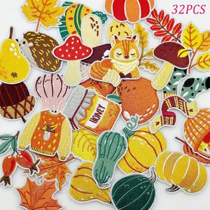 32Pcs Fall Autumn Iron On Patches, Pumpkin Maple Leaf Hedgehog Embroidered Appliques for Clothing Backpacks DIY Decoration #Iron-On Patches #DIY Contest