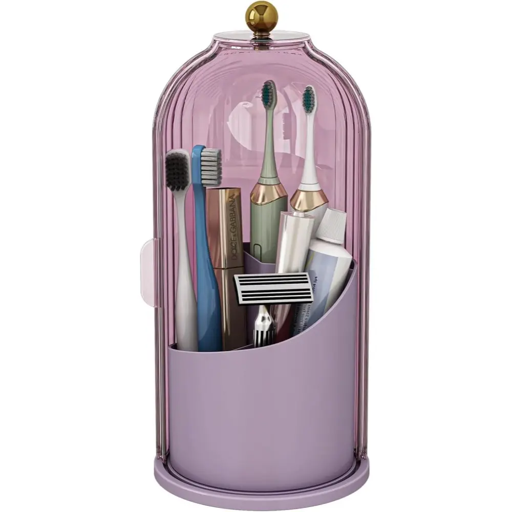 Dreamy Pink Transparent Striped Dustproof Toothbrush Holder with 360° Rotating Base, Multi Compartment Bathroom Vanity Organizer Dome Caddy for Electric Toothbrushes, Toothpaste, Razors & Family Oral Care Accessories