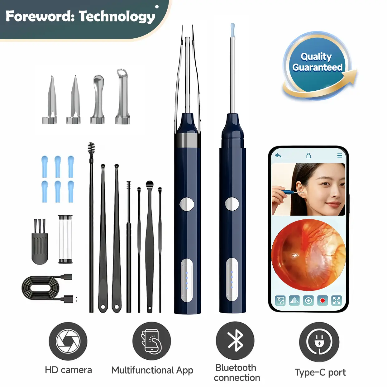 Visual Ear Wax Removal Endoscope Kit with HD Camera, Waterproof Ear Cleaning Tool Set for iPhone & Android, Stainless Steel Tips, Overcharge Protection, Full Accessories