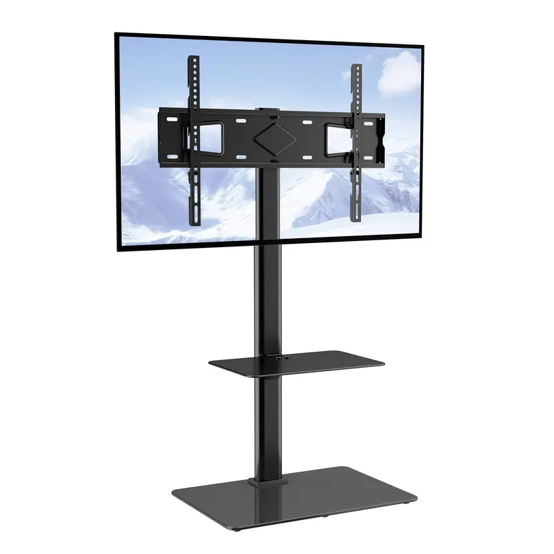 【toolupgrade】VEVOR Sturdy Swivel Mount TV Stand, 32-65 inch TV Stand Compatible, Height-Adjustable Portable Floor Unit with Tempered Glass Base, Cable-Neat, Multi-Seat View, 10min Quick Setup, 90lb Capacity Shelf for Bedroom, Living Room