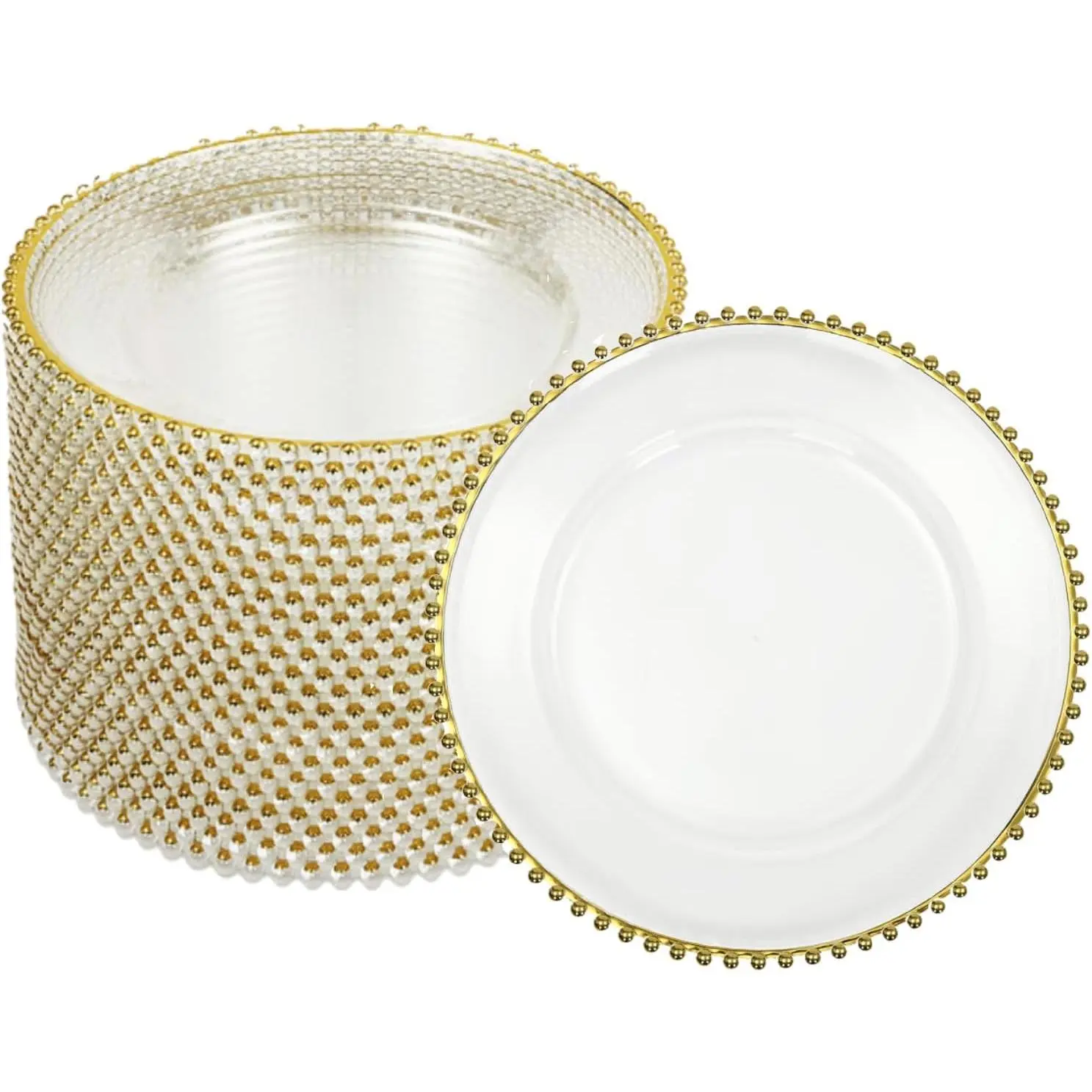 25 Pcs Clear Charger Plates 12.6 Inch Plastic Round Dinner Decorative Plates with Gold Beaded Rim for Party Wedding Birthday Bridal Shower Party Table Supply