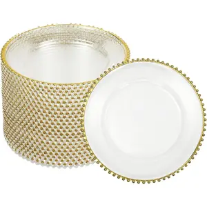 25 Pcs Clear Charger Plates 12.6 Inch Plastic Round Dinner Decorative Plates with Gold Beaded Rim for Party Wedding Birthday Bridal Shower Party Table Supply
