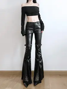 Design Dark Style Metal Buckle Flared Pants, Low Waist Casual Leather Pants, Slimming Fit for Women Womenswear Bottom, Perfect for Music Festivals