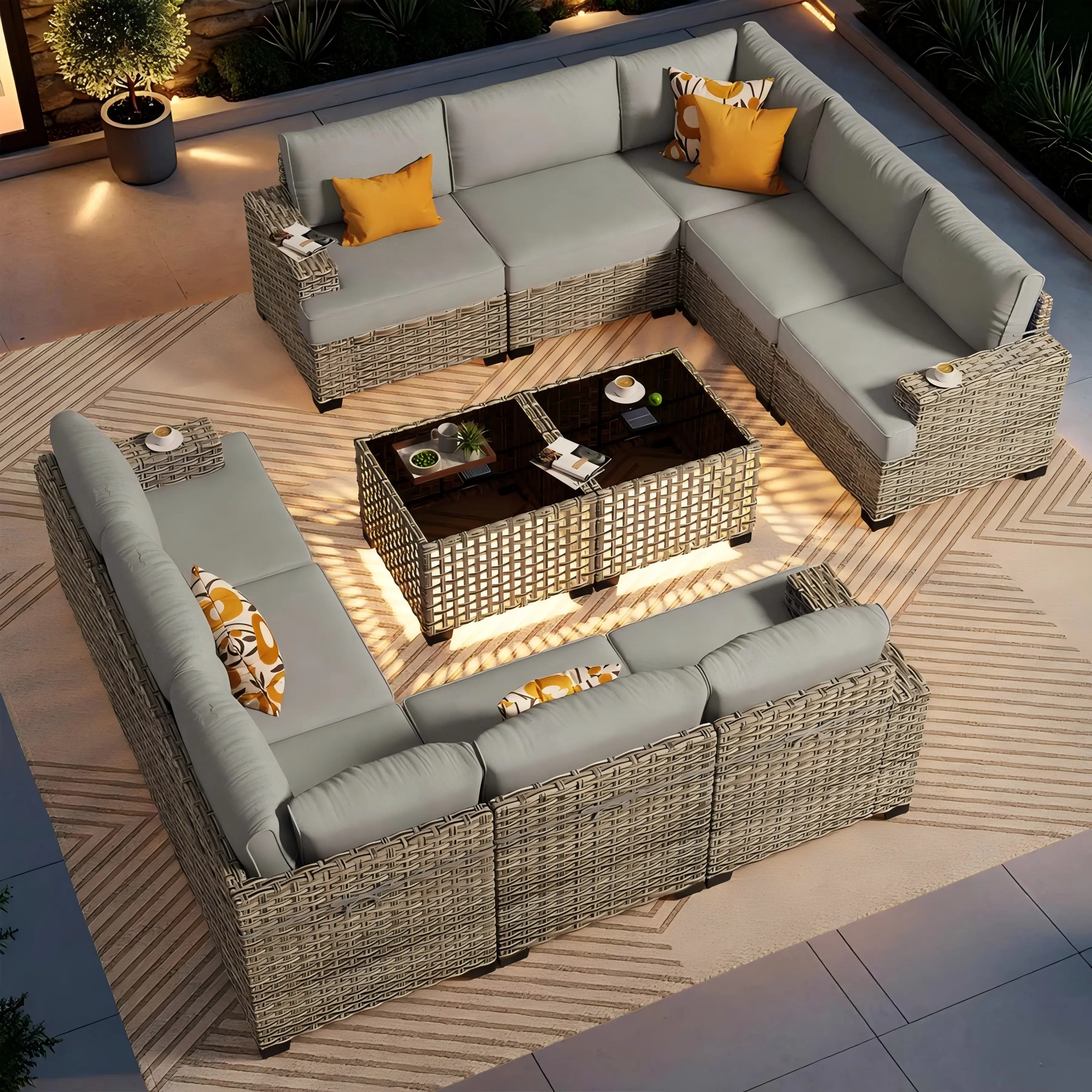 【Summerfinds】Ovios Patio Furniture Set 12-Piece Outdoor Wicker Rattan Sectional Sofa Set with Cushions, LED Light Coffee Table, All-Weather Conversation Set for Backyard Garden Deck Patio Balcony Porch Lawn