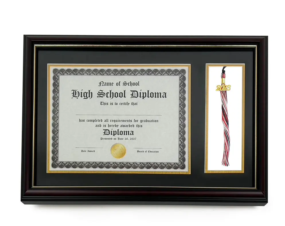 Real Wood Glossy Cherry Diploma Frame with Tassel Holder and Gold Trim - Fits 8.5 x 11 Certificate