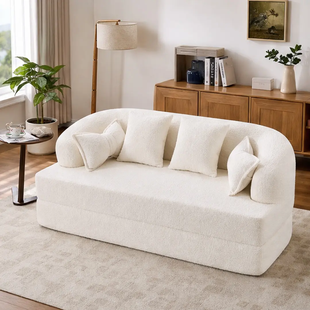 70 Inch 2-in-1 Foldable Sofa Bed Convertible Sleeper Couch with 4 Pillows, Chenille Fabric, High-Density Foam, Springless Construction, White, for Living Room Apartment Dorm Office, Compact Design, White Color Options, Chenille/Foam Material