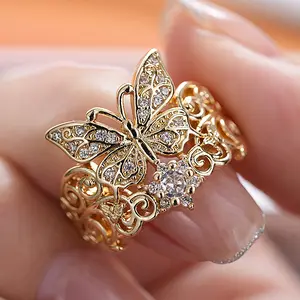 Women's Plated Synthetic Zircon Butterfly Ring - Wide Hollow Butterfly Design, Luxurious Wedding/Party Accessory, April Birthstone Gift, Suitable for Valentine's Day and Everyday Wear (All Seasons)
