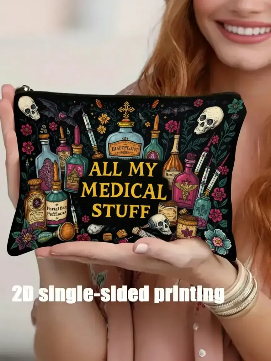 Pharmacist Theme Makeup Bag with Pill Syringe Ecg Pattern, Makeup Organizer Pouch, Cosmetic Pouch, Zippered Travel Medical Kit for Nurses Doctors Patients, Portable First Aid Kit